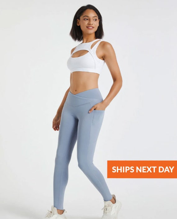 Light Blue Crossover Legging With Pockets Crossover Waist Pocket