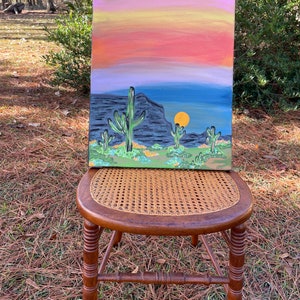 Pintura do Deserto - Arte do Deserto - Pintado à Mão - Montanha do Deserto - Arte Ocidental - Pintura Ocidental - Pôr do Sol - Arte de Cactos