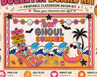 Kit de tablón de anuncios de verano "Hot Ghoul" / Decoración de aula de verano/Halloween / Tablero de anuncios imprimible de playa para Halloween