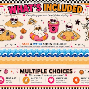 May include: A vibrant digital print featuring a beach scene with skeletons, a ghost, and beach-related items. The text "WHAT'S INCLUDED" is at the top. The image also includes the text "SAND & WATER STRIPS INCLUDED!" and "MULTIPLE CHOICES".