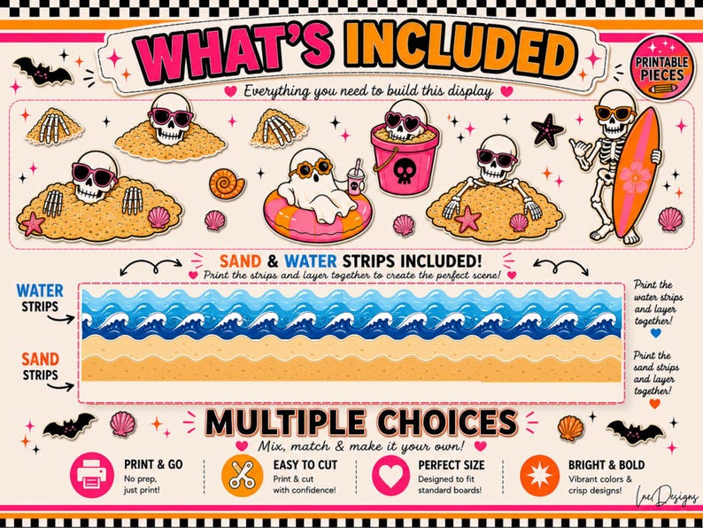 May include: A vibrant digital print featuring a beach scene with skeletons, a ghost, and beach-related items. The text "WHAT'S INCLUDED" is at the top. The image also includes the text "SAND & WATER STRIPS INCLUDED!" and "MULTIPLE CHOICES".