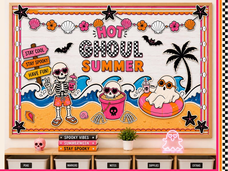 May include: A vibrant illustration with the text "Hot Ghoul Summer" depicts a skeleton, a ghost, and a skull wearing sunglasses on a beach. The image includes bats, seashells, and the phrases "Stay Cool," "Stay Spooky," and "Have Fun!"