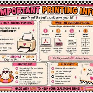 May include: A colourful infographic with printing instructions. It includes steps for standard and oversized printing, with a printer graphic, and tips for best results. The text says "Important Printing Info".