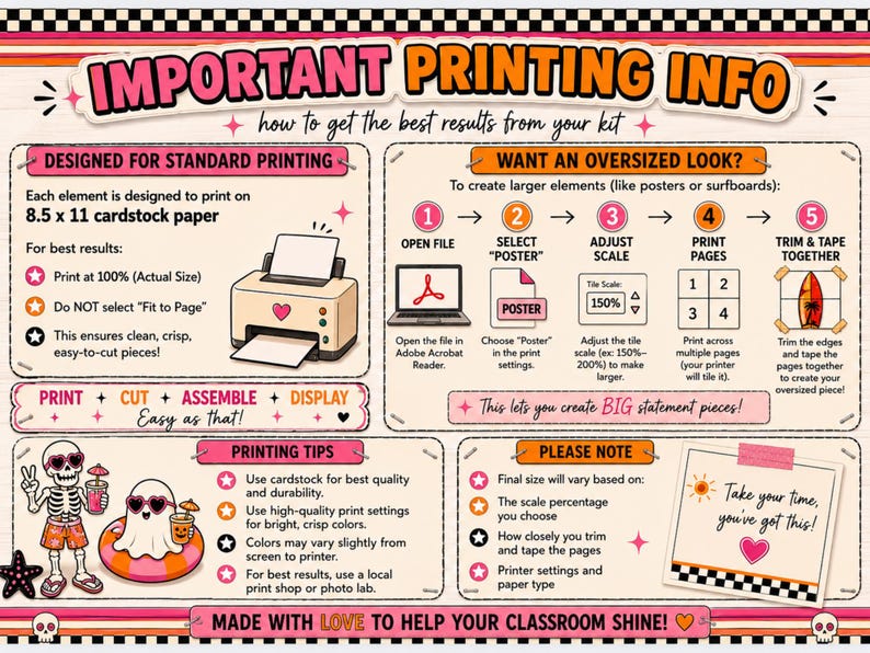 May include: A colourful infographic with printing instructions. It includes steps for standard and oversized printing, with a printer graphic, and tips for best results. The text says "Important Printing Info".