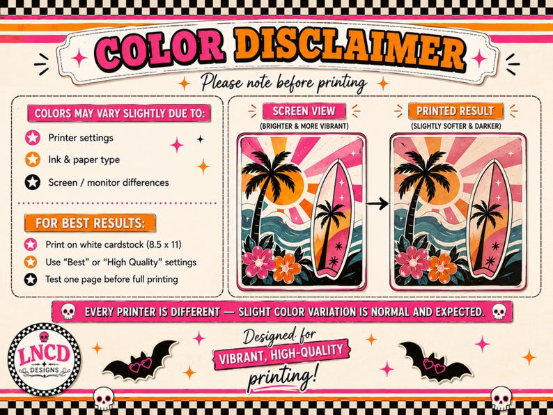 May include: A vibrant print with the text "COLOR DISCLAIMER" and printing instructions. The design features surfboards, palm trees, and flowers, with a retro style. It also includes the text "Designed for vibrant, high-quality printing!"