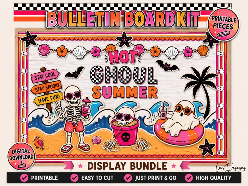 May include: A vibrant bulletin board kit with a summer and Halloween theme. The design features the text "HOT GHOUL SUMMER" with illustrations of skeletons, ghosts, bats, and beach elements. Includes the text "DISPLAY BUNDLE" and "DIGITAL DOWNLOAD".