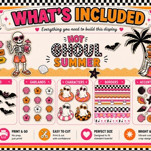 May include: A vibrant digital print with a "Hot Ghoul Summer" theme, featuring skeleton characters, bats, and beach elements. Text includes "What's Included", "Print & Go", and "Easy to Cut". The design is bright and bold.