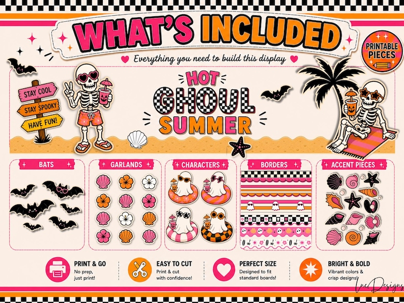 May include: A vibrant digital print with a "Hot Ghoul Summer" theme, featuring skeleton characters, bats, and beach elements. Text includes "What's Included", "Print & Go", and "Easy to Cut". The design is bright and bold.