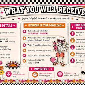 May include: Digital download graphic featuring a skeleton in sunglasses, promoting a Summerween kit. Includes bulletin board titles, characters, borders, and accent pieces. Designed for A4 printing.