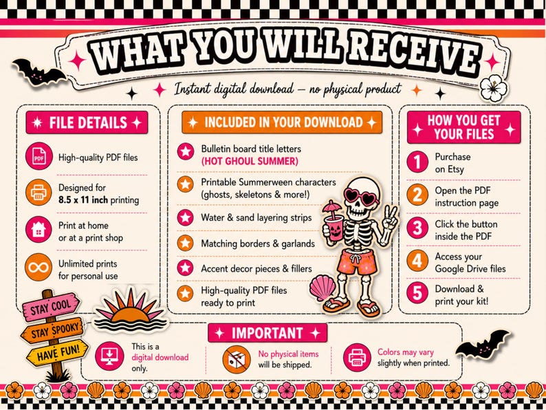May include: Digital download graphic featuring a skeleton in sunglasses, promoting a Summerween kit. Includes bulletin board titles, characters, borders, and accent pieces. Designed for A4 printing.