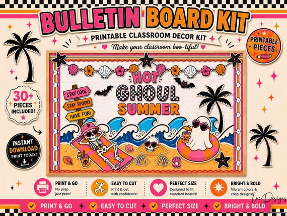 Hot Ghoul Summer Bulletin Board Kit | Summerween Classroom Decor | Printable Beach Halloween Board