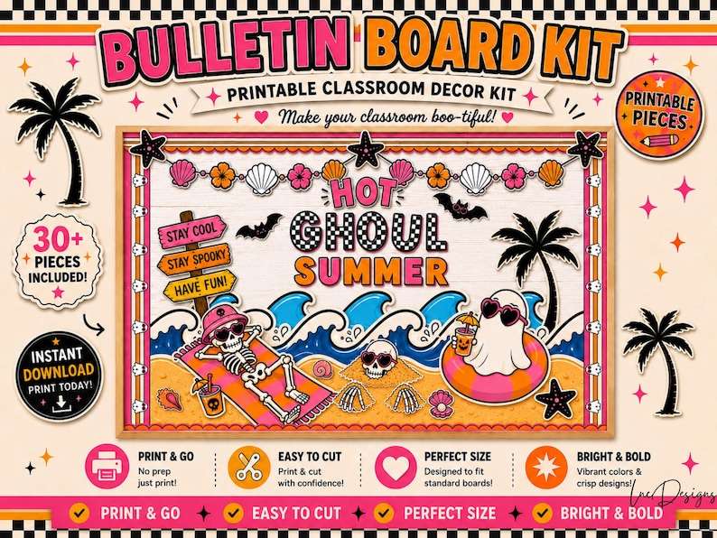 May include: A vibrant bulletin board kit with a summer theme. The design features a skeleton sunbathing, a ghost in a float, palm trees, and the words "Hot Ghoul Summer." The kit includes over 30 pieces and is designed for classroom decor.