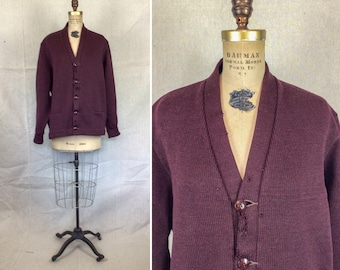 Vintage 50s Sweater | Vintage burgundy wool varsity knit sweater | 1950s Octonek Knitting Co letterman cardigan