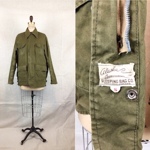 Vintage 60er Jahre Jacke| Vintage Armee grüne Baumwoll-Canvas-Jagdjacke | 1960er Jahre Alaska Sleeping Bag Company Oberbekleidung Jacke