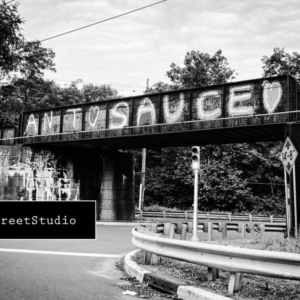 B&W City Graffiti Photo Photography Print Trenton Bordentown NJ New Jersey Cityscape Train Bridge Black and White Ant Heart Sauce Heart