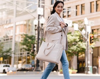 The Signature Tote Bag: Chic Vegan Leather Laptop Bag with Pockets