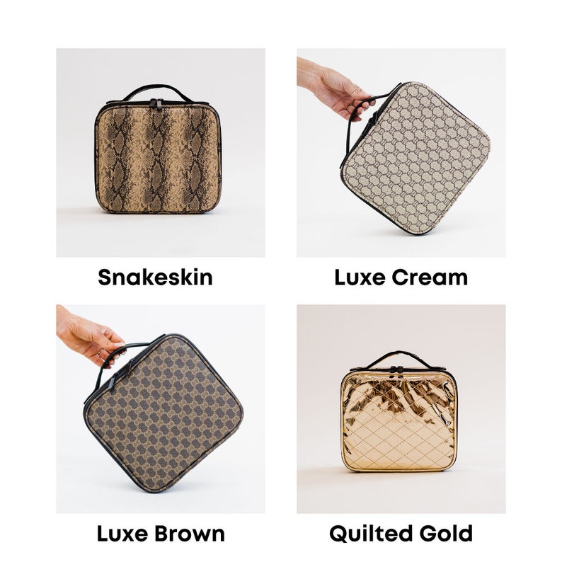May include: Four different cosmetic bags with various patterns and colors. The bags are all square shaped with a black handle. The patterns include snakeskin, a brown and black geometric pattern, a cream and black geometric pattern, and a quilted gold pattern.