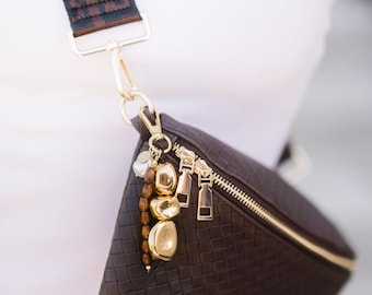 Fisherman Charm: Gold Accented Bag Charm with Pearl & Wooden Beads