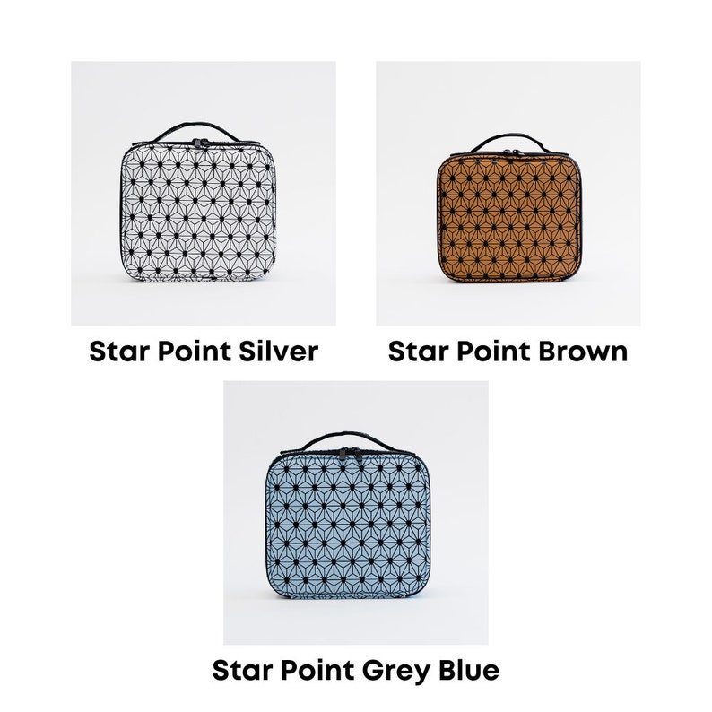 May include: Three different colored zippered pouches with a geometric star pattern. The pouches are silver, brown, and grey blue.