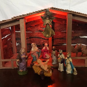 20%OFF: Hand made manger scene/Nativity scene. The figurines are plastic from the early 1960’s