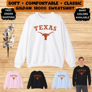 Texas Longhorn Pull-Over Unisex Long Sleeve Sweatshirt Sweater Game Day Top Hook em Horns Shirt Student Mom Dad Girl U Boy T of Alumni