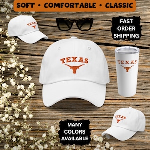 Trending Texas Longhorn Hook em Horns Dad Mom Girl Boy Cap Hat Clothing Wear Gear Cap Longhorn Football Game Day Tail Gate Cap White Black