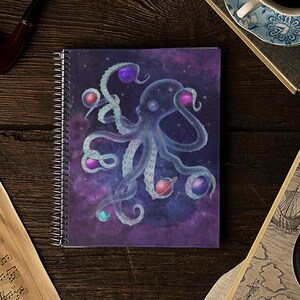 Celestial Octopus Journal,  Sci Fi Nautical Space Lined Spiral Notebook, Funny Travel / Workout / Dream Diary, Original Art By Teresa Powers