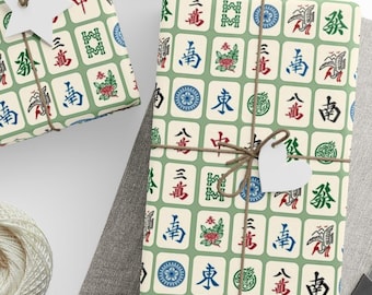 Elegant Mahjong Tile Pattern Gift Wrap, Vintage Inspired Wrapping Paper Cream Tiles on Green Background - Perfect for Any Occasion!