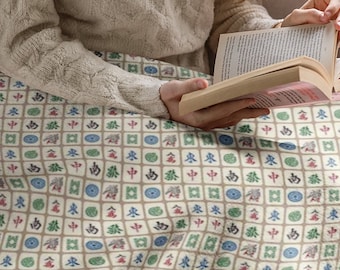 Elegant Mahjong-filt, krämfärgat kakelmönster på brun bakgrund, lyxig och mysig värme för ditt spelrum, 50 x 60 tum
