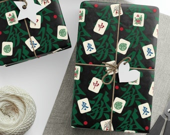 Beautiful Mahjong Wrapping Paper, Mahjong Tiles on Red and Green Background