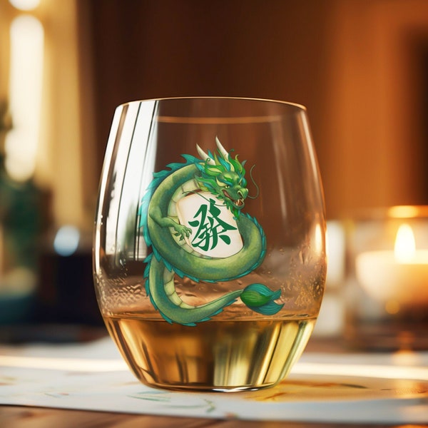 Mahjong Dragon Stemless Wine Glass, Celebrate the Year of the Dragon. Green Dragon Tile Design, Original Art by Teresa Powers