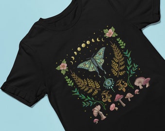 Mystical Luna MothTee, Cottagecore Botanical Fashion T-shirt, Moon Phases Dream Shirt, Boho Celestial Gift, Art by Teresa Powers