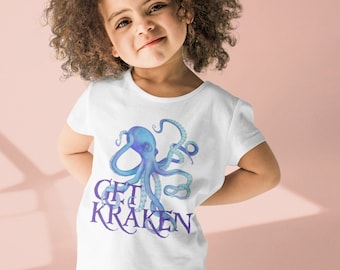 Octopus Pun Toddler T-Shirt , Funny Get Kraken Sea Monster Tee, Motivational Message Ocean Creature Shirt, Original Art By Teresa Powers