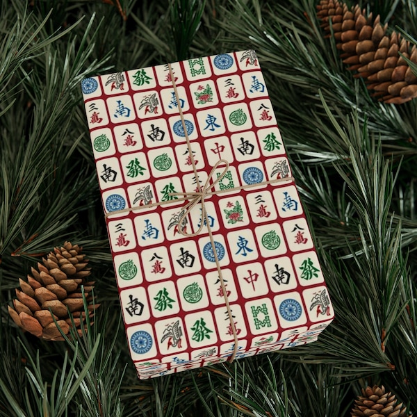 Elegant Mahjong Tile Pattern Gift Wrap, Vintage Inspired Wrapping Paper Cream Tiles on Red Background - Perfect for Any Occasion!