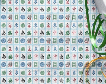 Mahjong Gift Wrap, Mahjong Tiles on Light Blue Background Wrapping Paper