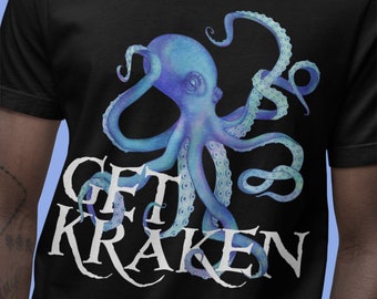 Octopus Pun T-Shirt,  Get Kraken Sea Monster Tee, Humorous Motivational Message Ocean Creature Shirt, Original Art by Teresa Powers