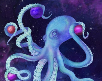 Octopus in Space Wall Art, Fantasy Home Décor, Funny Space Marine Poster, Nautical Sci Fi Print, Original Art by Teresa Powers