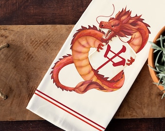 Mahjong Tea towel, Red Dragon Tile Design on Cream Background, Elegant Mah Jongg Kitchen Décor
