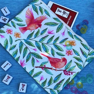 Kaart- en muntzakje Mahjong, vrolijk roze en groen muspatroon, perfect cadeau voor mahjongliefhebbers, met kunst van Teresa Powers