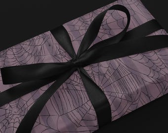 Goth Spiderweb Gift Wrap,  Halloween Wrapping Paper, Black Web on Grey Striped Background, Perfect for Spooky Gifts!