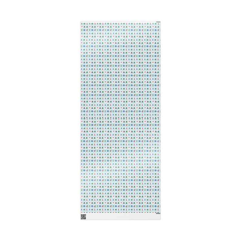 Wrapped package, and wrapping paper. the paper has white Mahjong tiles on a light blue background. The package has a string bow. Also on the table are a pair of scissors and greenery.