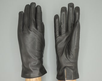 Caridei luxury plain leather gloves in dark grey