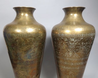 Indian Brass Vases, Exquisite Entry Pair, Hand-etched Motifs, 19th-century Mughal Empire Antique Gilt Brass Vases (as is)