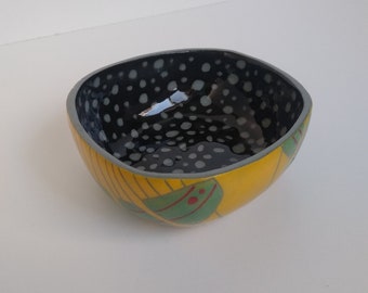 Handbuilt bowl, pinch formed from grey-stained porcelain, with multicoloured sgraffito design - perfect for tapas, snacks, dips, dessert