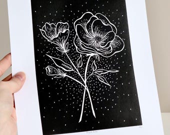 Original linoleumsnitt "Svart ros" i grafik