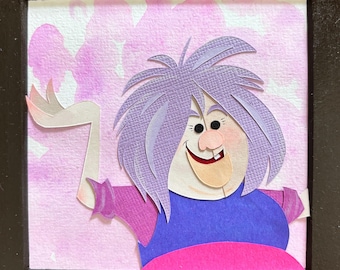 Arte de papel de la villana Madam Mim: obra de arte hecha a mano inspirada en una bruja traviesa