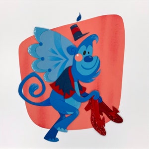 May include: A blue creature with wings and a top hat holds red shoes. The creature has a long tail and is standing on a pink background.