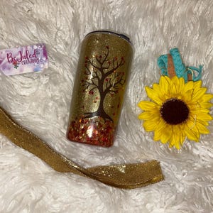 Fall Tree Glitter Tumbler – 20oz Autumn Leaves Stainless Steel Cup | Gold & Red Resin Tumbler | Pumpkin Spice Season Gift for Her