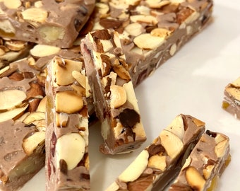 Cocoa Flavor Nougats with Dried Fruits and Nuts (Slide Almonds Topping)