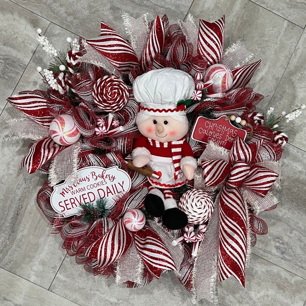 Mrs Claus Bakery Christmas Wreath | Large Christmas Wreath | Candy Cane Decor | Wreath for Front Door | Christmas Showstopper Wreath